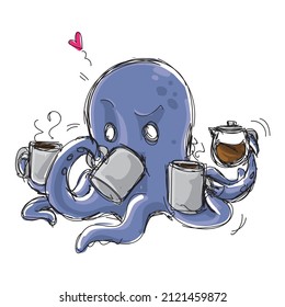purple octopus illustration addicted and holding several cups of coffee and a glass bottle too