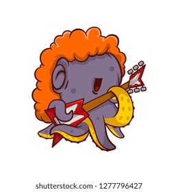 Purple octopus musician playing electric guitar. Humanized sea creature with tentacles. Cartoon vector icon