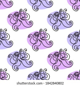 Purple octopus on white seamless background. Halloween party Hand drawn logo pattern for social media content