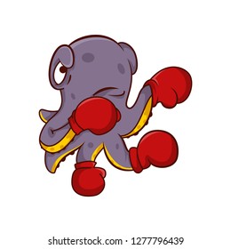 Purple octopus with red boxing gloves on tentacles. Humanized marine animal. Cartoon character. Vector design
