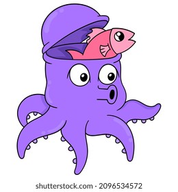 the purple octopus is removing the fish from its head, vector illustration art. doodle icon image kawaii.