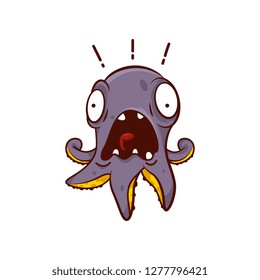 Purple octopus with scared face expression. Marine creature. Screaming cartoon character. Vector design