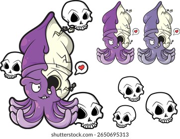 A purple octopus with a skull and an odd expression. The combination of cute and horror is perfect for edgy and quirky stickers, t-shirts, or accessories.
