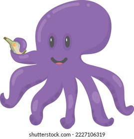 Purple octopus with smiling face. Happy sea character