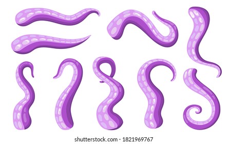 Purple octopus tentacle set. Cartoon monster wavy parts isolated on white background. Cartoon vector illustrations for sea, underwater life, squid, animals concept