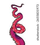 Purple octopus tentacles reaching upwards, squid-like marine animal body parts protruding from out of frame, cut for food or frame design, cartoon colour sketch anime illustration. 