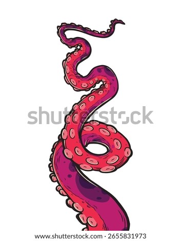 Purple octopus tentacles reaching upwards, squid-like marine animal body parts protruding from out of frame, cut for food or frame design, cartoon colour sketch anime illustration. 