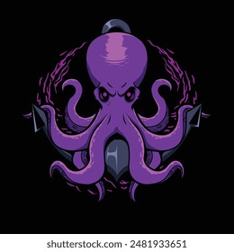 Pulpo púrpura con Ilustración vectorial de ancla