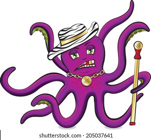 Purple octopus with zebra hat and pimp stick vector isolated