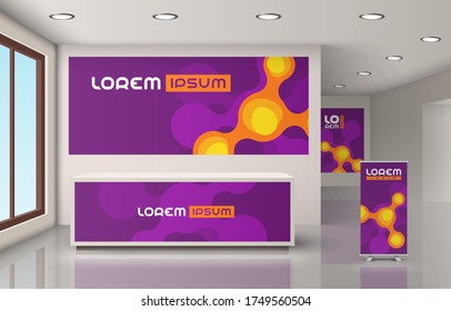 Diseño de oficina morado con moléculas anaranjadas. Elementos de la publicidad interior. Identidad corporativa