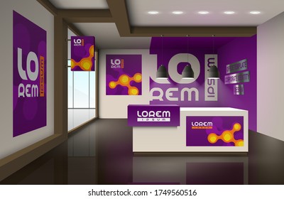 Purple office design with orange molecules. Elements of interior advertising. Corporate identity