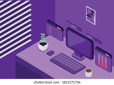 purple office room with computer illustration premium vector
