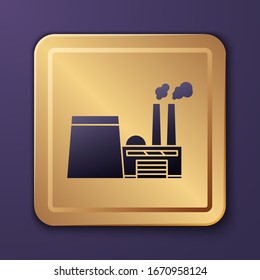 Purple Oil and gas industrial factory building icon isolated on purple background. Gold square button. Vector Illustration