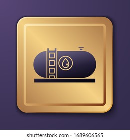 Purple Oil and gas industrial factory building icon isolated on purple background. Gold square button. Vector Illustration