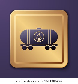 Purple Oil railway cistern icon isolated on purple background. Train oil tank on railway car. Rail freight. Oil industry. Gold square button. Vector Illustration