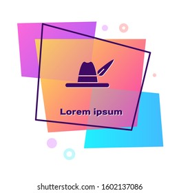 Purple Oktoberfest hat icon isolated on white background. Hunter hat with feather. German hat. Color rectangle button. Vector Illustration