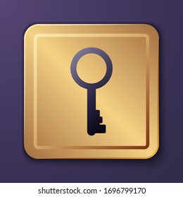 Purple Old key icon isolated on purple background. Gold square button. Vector Illustration