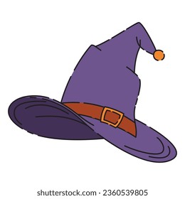 Purple old witch hat isolated on white background. Symbol of witchcraft. Halloween decorative element in cartoon style