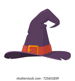 Purple old witch hat isolated on white background. Symbol of witchcraft. Halloween decorative element in flat style. Vector eps 10.