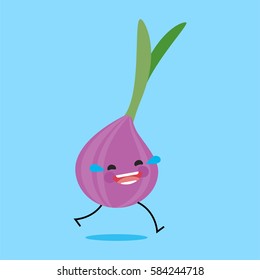 purple onion (Allium cepa) with cute face. Illustration funny and healthy food cartoon. Blue background
