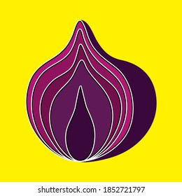 Purple onion in flat style isolated on yellow background.
