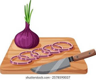 Purple onion and knife on a wooden board