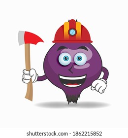 The Purple Onion mascot character becomes a firefighter. vector illustration