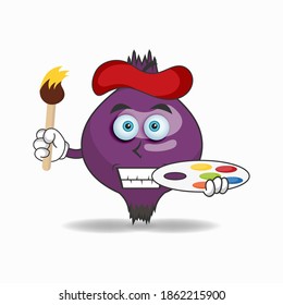 The Purple Onion mascot character becomes a painter. vector illustration