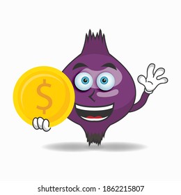 Purple Onion mascot character holding coins. vector illustration