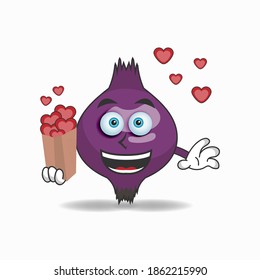 Purple Onion mascot character holding a love icon. vector illustration