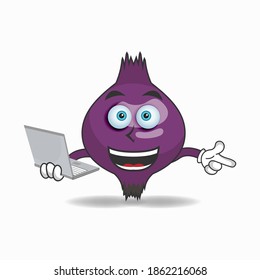 Purple Onion mascot character with laptop in right hand. vector illustration
