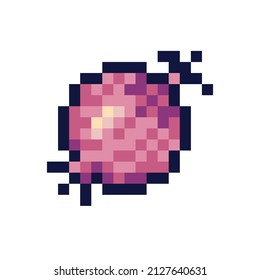 Purple onion pixel art icon. Bulb vegetable logo. 8-bit sprite. Game development, mobile app.  Isolated vector illustration
