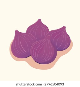 Purple onions rest softly on a beige surface. Their layered skins glow with rich, deep hues. Subtle shadows add depth and realism to the scene. Ideal for recipes, food blogs, or kitchen-themed designs