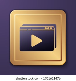 Purple Online play video icon isolated on purple background. Film strip with play sign. Gold square button. Vector Illustration