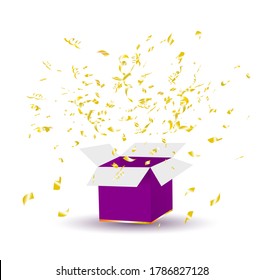 purple open box with explosive gold confetti on white background vector graphics