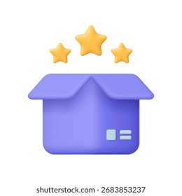 Lila offene Kartonschachtel mit drei goldenen Sternen. Premium-Lieferung, Versand, hohe Qualität, bester Service, Feedback und Bewertungskonzept. 3D-Vektorsymbol. Cartoon minimalen Stil.