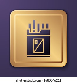 Purple Open cigarettes pack box icon isolated on purple background. Cigarettes pack. Gold square button. Vector Illustration