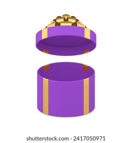 Purple open circle gift box with luxury golden bow ribbon holiday present 3d icon realistic vector