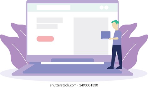 Purple open laptop. Gadget enthusiast. Technology enterpreneur. Technopreneur illustration