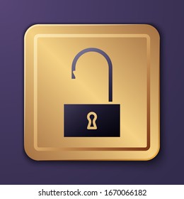 Purple Open padlock icon isolated on purple background. Opened lock sign. Cyber security concept. Digital data protection. Gold square button. Vector Illustration