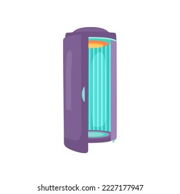 Purple opened tanning cabin cartoon illustration. Cosmetic procedure in spa salon, vertical sunbathing machine or cabin. Solarium, wellness, recreation, care, relaxation concept