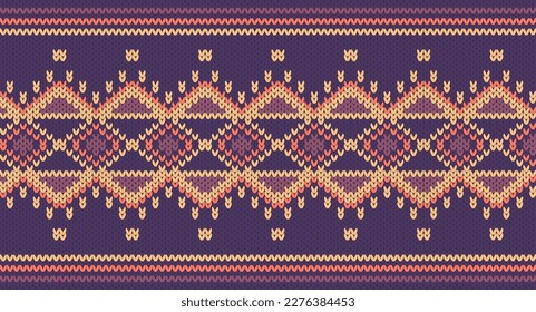 Purple and oragne Square table knitting pattern, Festive Sweater Design. Seamless Knitted Pattern