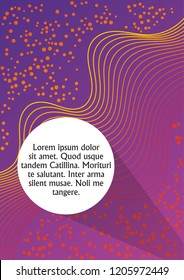 Purple and orange abstract background with wavy strips and with circle white field for own text. Book cover, scrapbook, leaflet, flyer template in trendy violet. Sample message.
