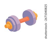 Purple and orange adjustable dumbbell with plates in flat vector cartoon style, isolated on white background.