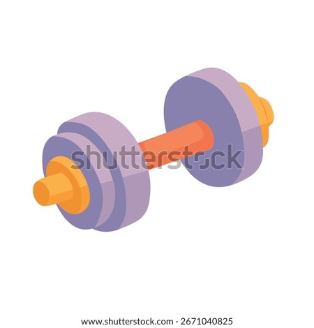 Purple and orange adjustable dumbbell with plates in flat vector cartoon style, isolated on white background.