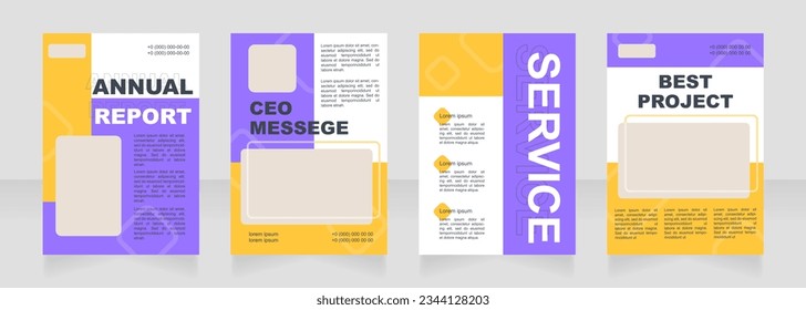 Purple and orange blank brochure layout design. Customer service info. Vertical poster template set with empty copy space for text. Premade corporate reports collection. Editable flyer paper pages