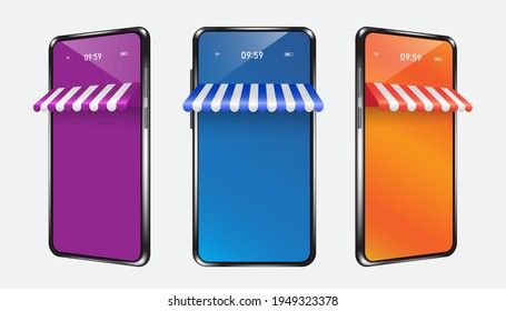 Purple, orange and blue smartphone store template for online shopping ads with front and side views placed on white background,vector 3d isolated