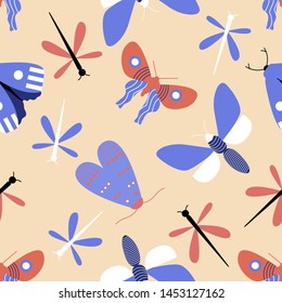 Purple and orange butterflies, in a seamless pattern design, that can be used on the web or in print for surface design