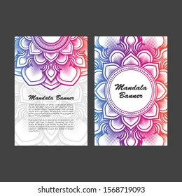Purple and orange color gradient mandala ornament. Colorful geometric flower on white background. Mandala pattern for banner, cover & greeting card background. Eps10.