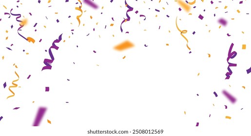 Purple and orange confetti, ribbon banner, isolated on transparent background